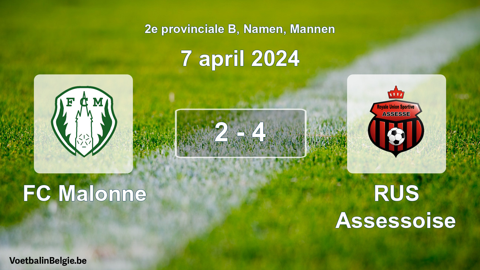 Gespeelde wedstrijd mannenvoetbal: FC Malonne - RUS Assessoise 2 - 4 (7 april 2024)