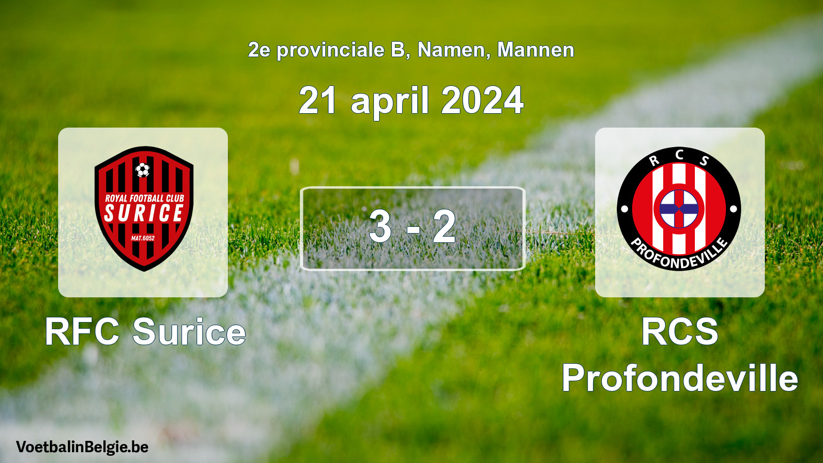 Gespeelde wedstrijd mannenvoetbal: RFC Surice - RCS Profondeville 3 - 2 (21 april 2024)