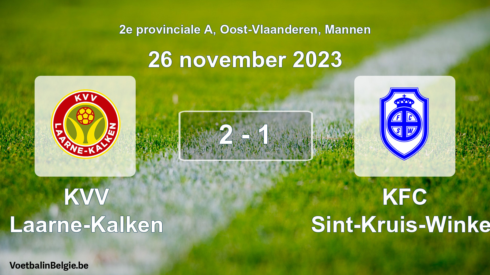 Gespeelde wedstrijd mannenvoetbal: KVV Laarne-Kalken - KFC Sint-Kruis-Winkel 2 - 1 (26 november 2023)