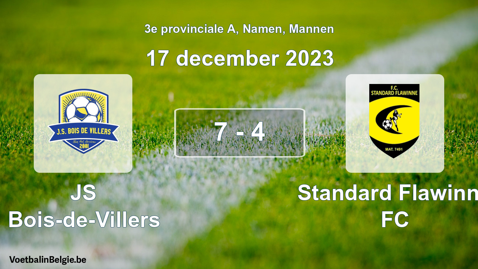 Gespeelde wedstrijd mannenvoetbal: JS Bois-de-Villers - Standard Flawinne FC 7 - 4 (17 december 2023)