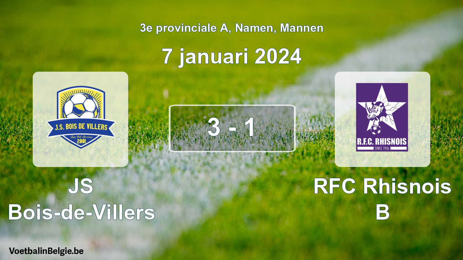 Gespeelde wedstrijd mannenvoetbal: JS Bois-de-Villers - RFC Rhisnois B 3 - 1 (7 januari 2024)