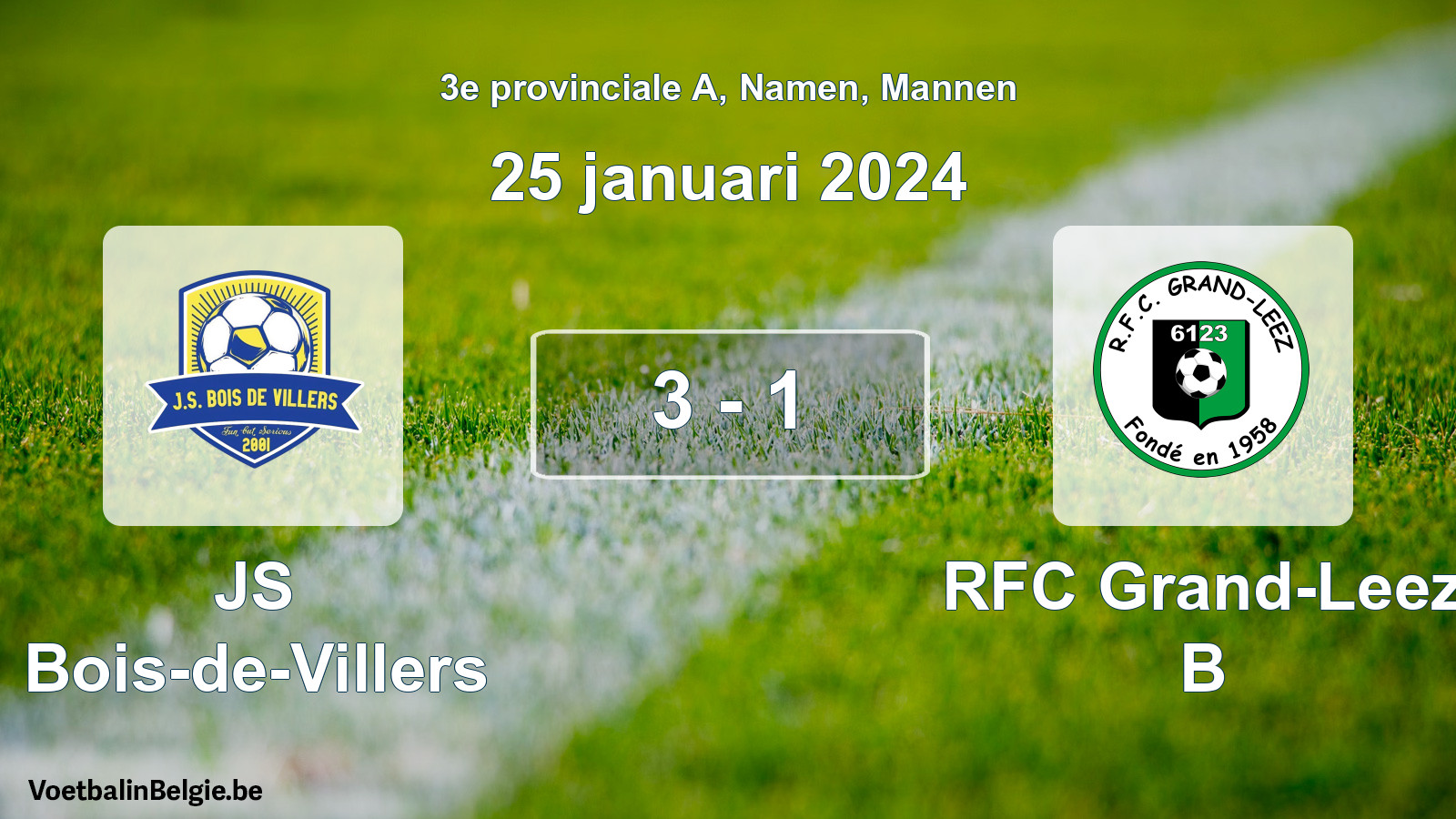 Gespeelde wedstrijd mannenvoetbal: JS Bois-de-Villers - RFC Grand-Leez B 3 - 1 (25 januari 2024)