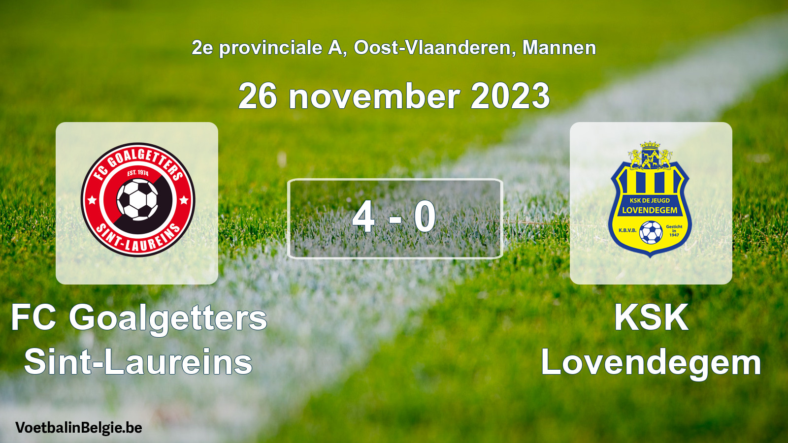 Gespeelde wedstrijd mannenvoetbal: FC Goalgetters Sint-Laureins - KSK Lovendegem 4 - 0 (26 november 2023)