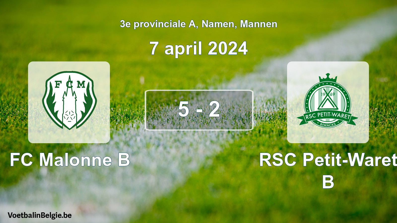 Gespeelde wedstrijd mannenvoetbal: FC Malonne B - RSC Petit-Waret B 5 - 2 (7 april 2024)
