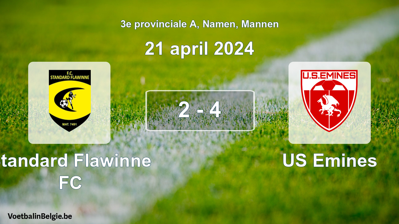 Gespeelde wedstrijd mannenvoetbal: Standard Flawinne FC - US Emines 2 - 4 (21 april 2024)