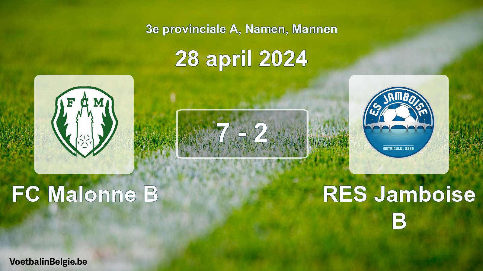 Gespeelde wedstrijd mannenvoetbal: FC Malonne B - RES Jamboise B 7 - 2 (28 april 2024)