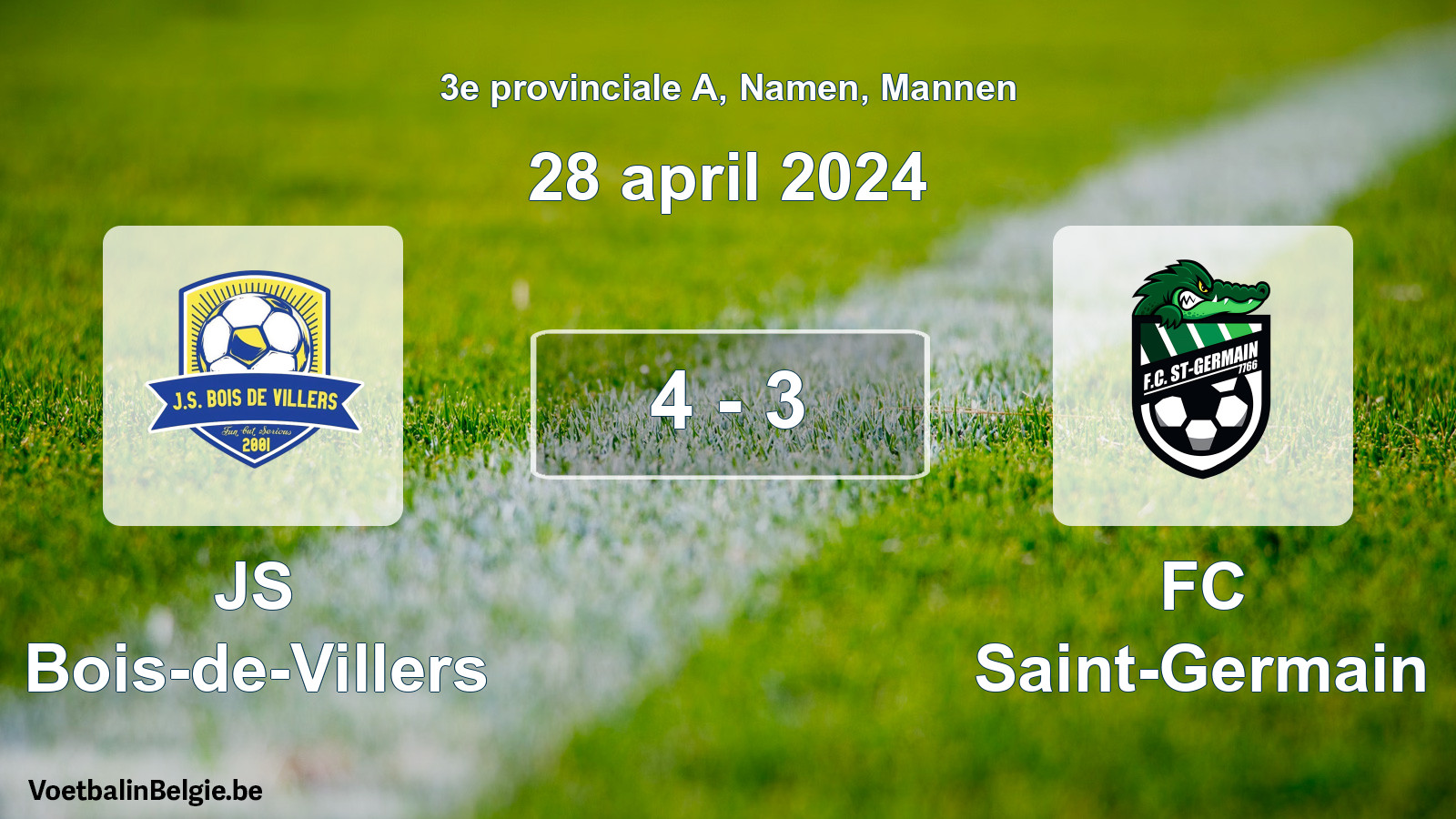 Gespeelde wedstrijd mannenvoetbal: JS Bois-de-Villers - FC Saint-Germain 4 - 3 (28 april 2024)