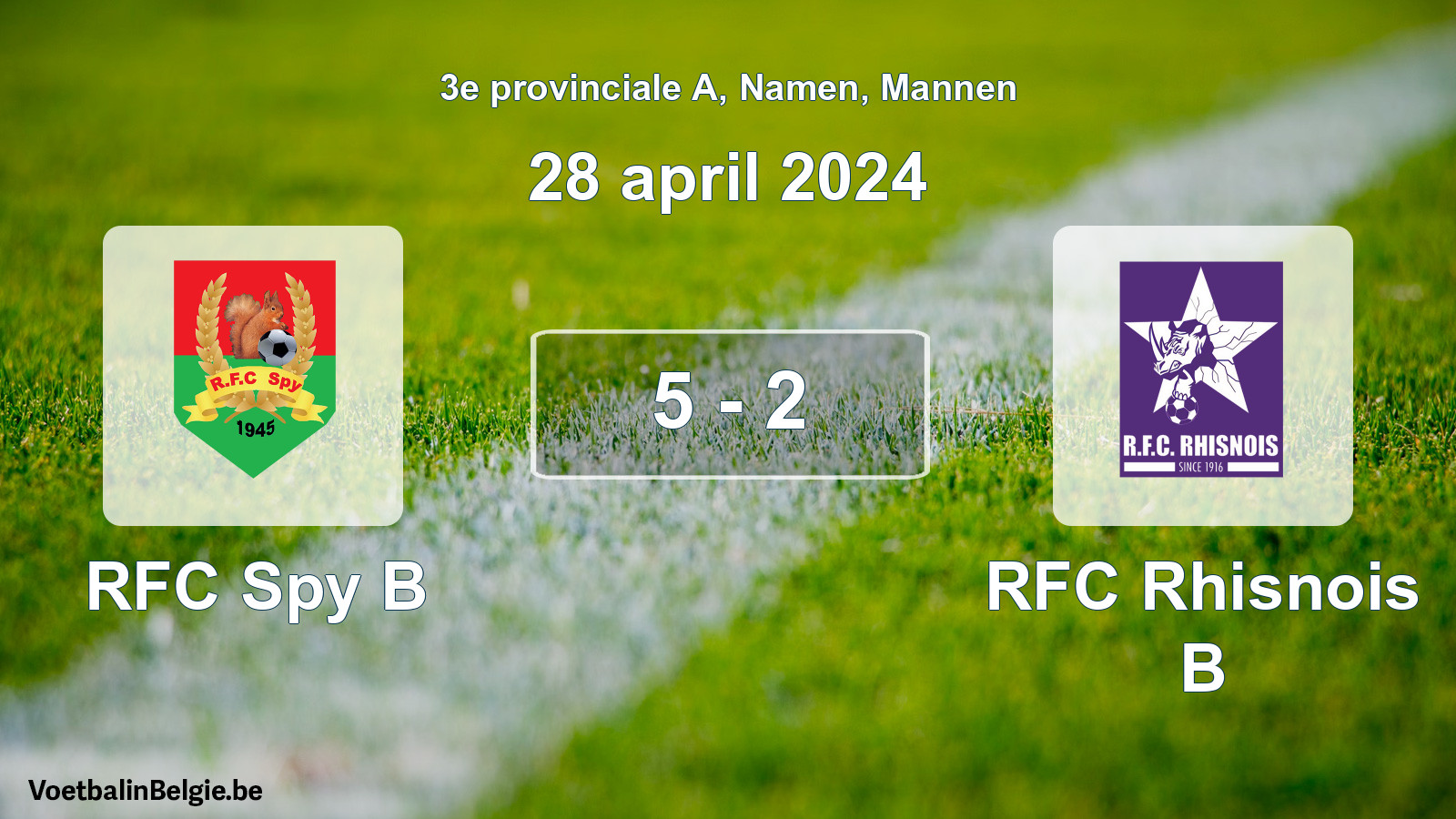 Gespeelde wedstrijd mannenvoetbal: RFC Spy B - RFC Rhisnois B 5 - 2 (28 april 2024)