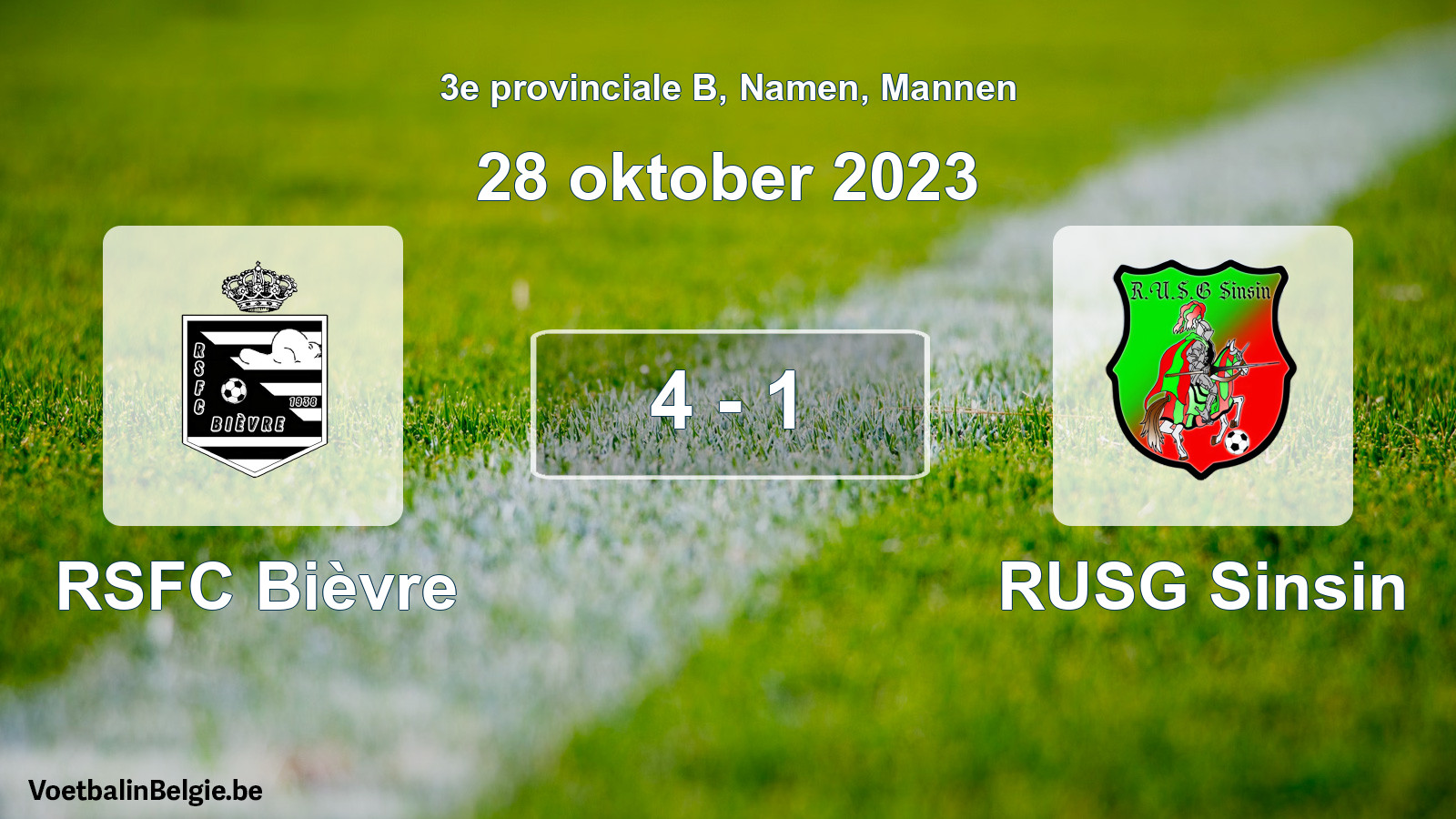 Gespeelde wedstrijd mannenvoetbal: RSFC Bièvre - RUSG Sinsin 4 - 1 (28 oktober 2023)