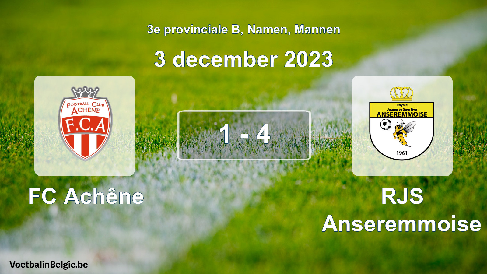Gespeelde wedstrijd mannenvoetbal: FC Achêne - RJS Anseremmoise 1 - 4 (3 december 2023)