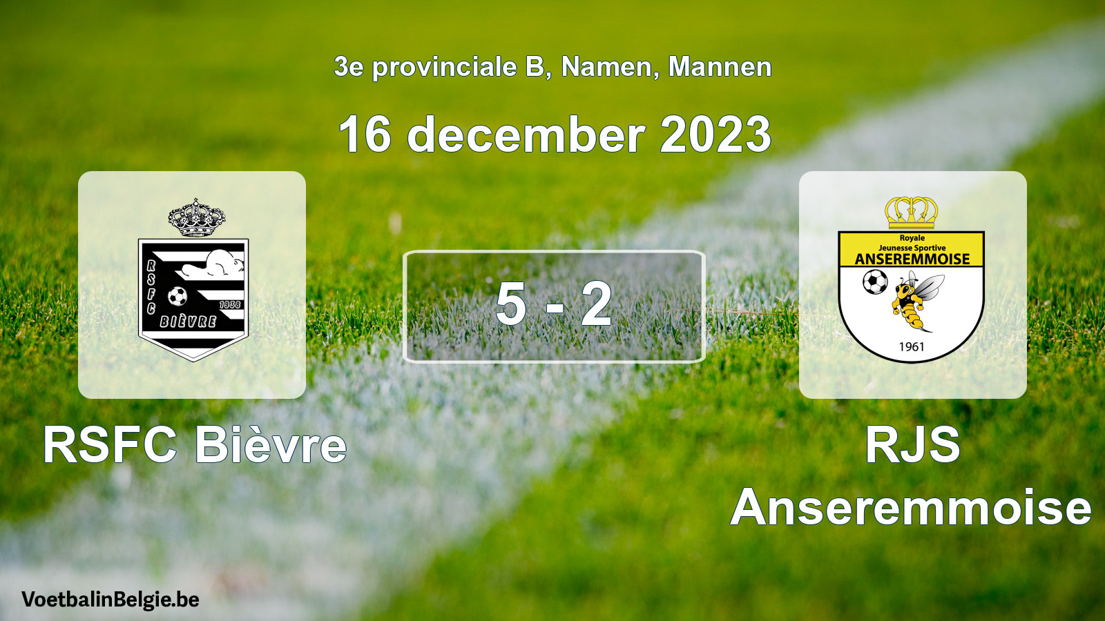 Gespeelde wedstrijd mannenvoetbal: RSFC Bièvre - RJS Anseremmoise 5 - 2 (16 december 2023)