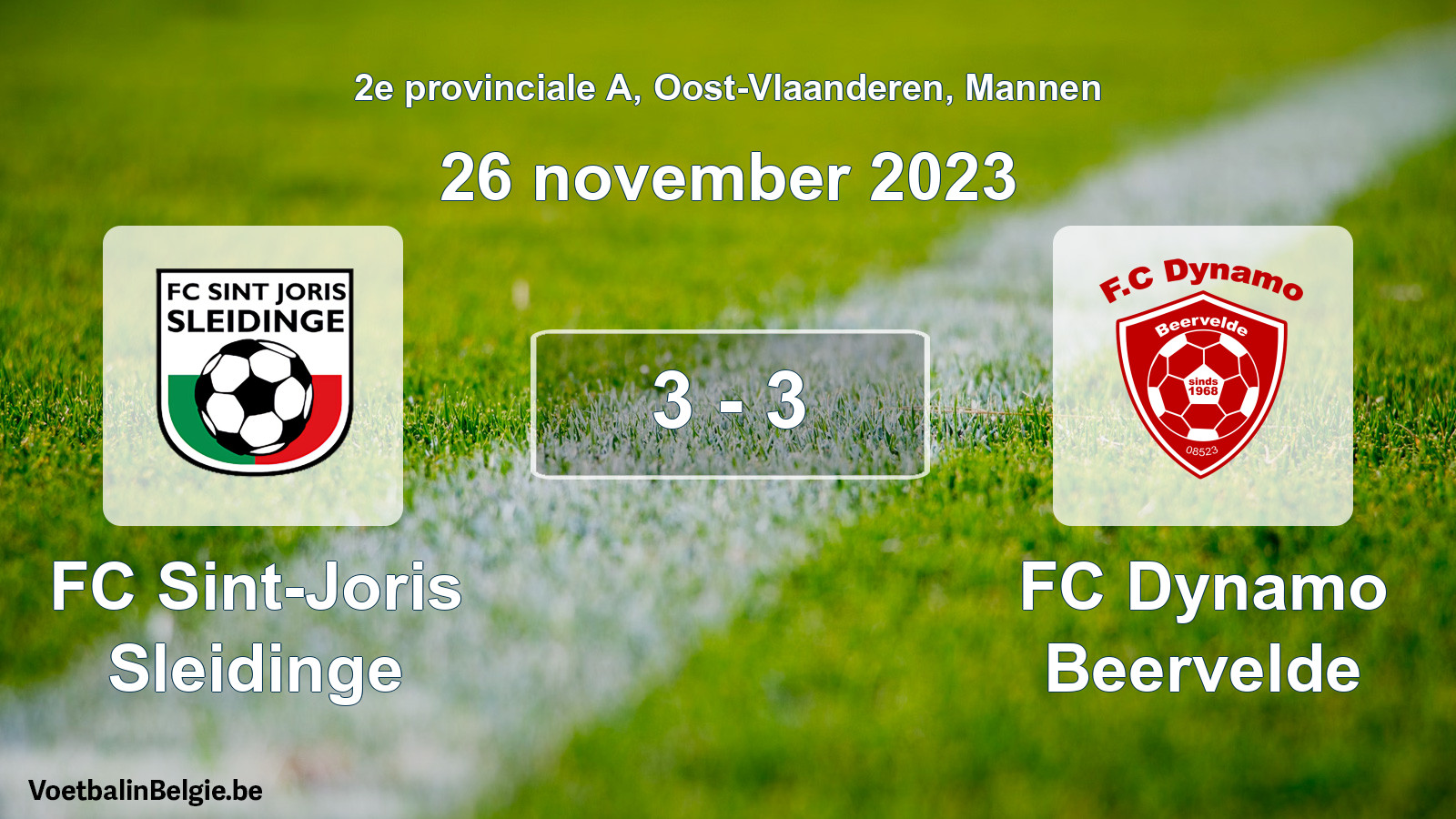 Gespeelde wedstrijd mannenvoetbal: FC Sint-Joris Sleidinge - FC Dynamo Beervelde 3 - 3 (26 november 2023)