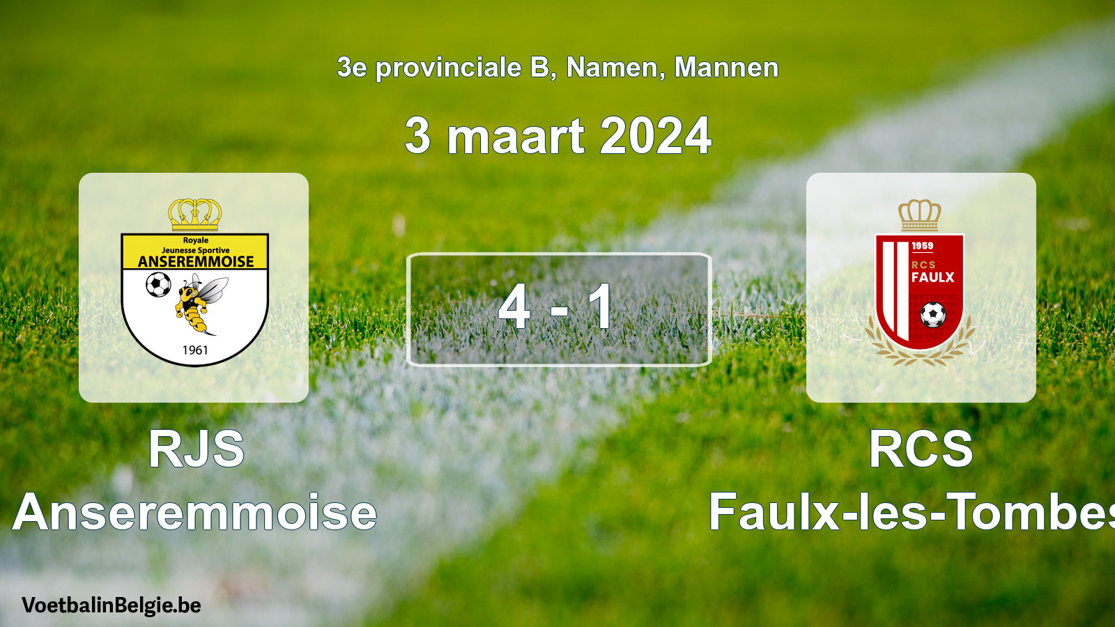 Match joué football hommes: RJS Anseremmoise - RCS Faulx-les-Tombes 4 - 1 (3 mars 2024)