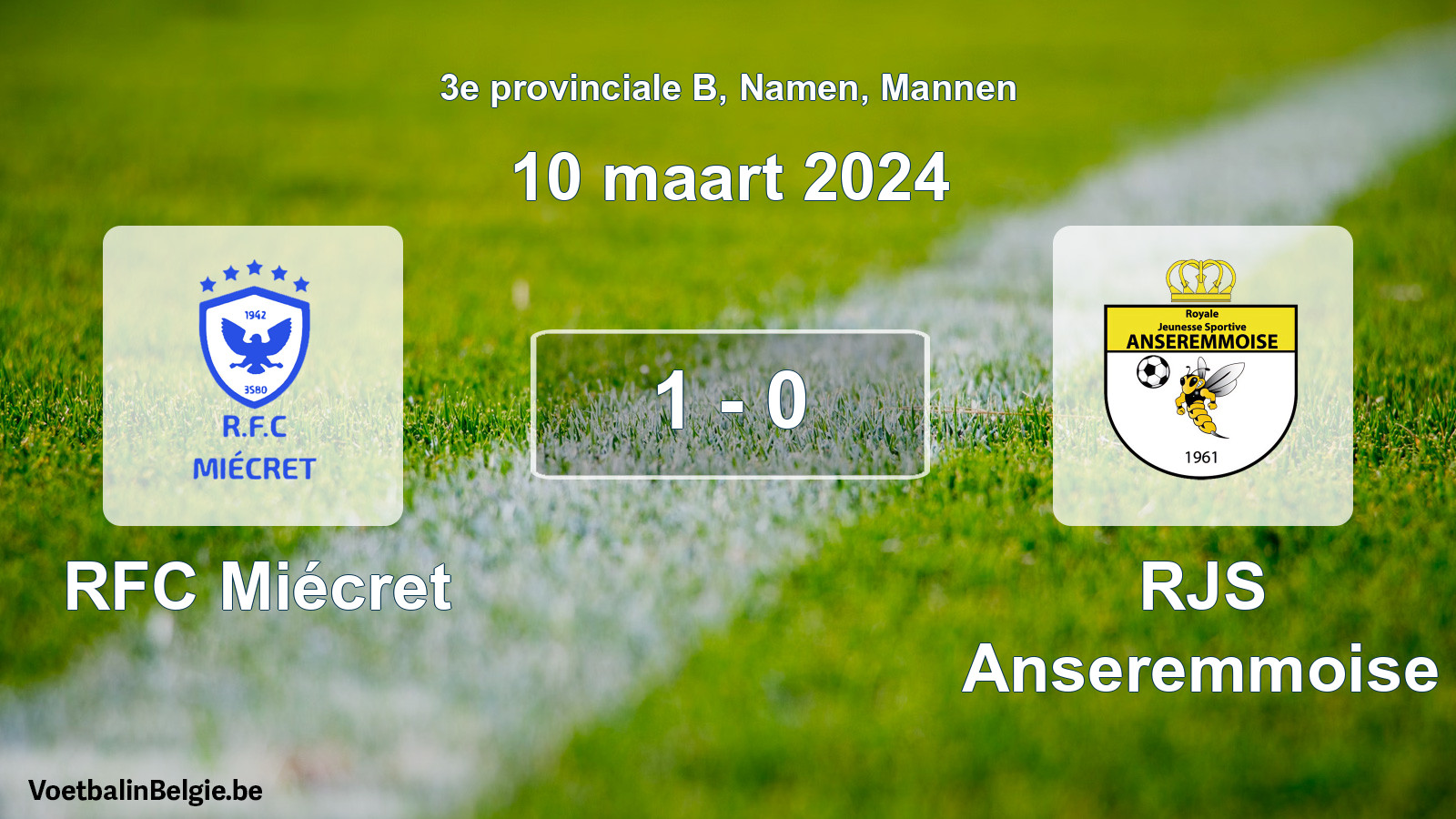 Gespeelde wedstrijd mannenvoetbal: RFC Miécret - RJS Anseremmoise 1 - 0 (10 maart 2024)