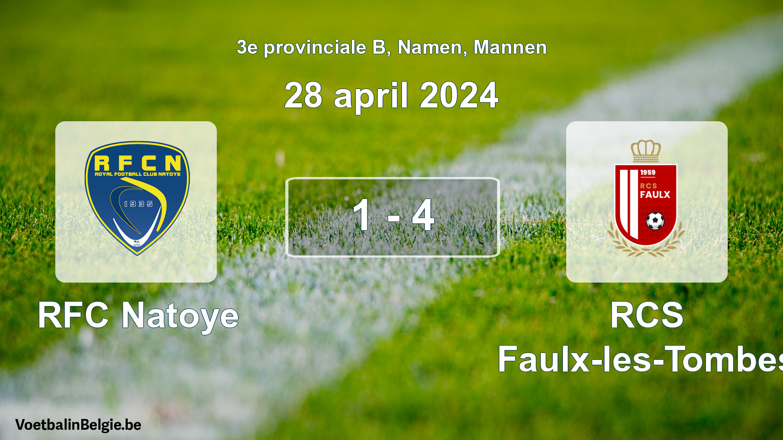 Gespeelde wedstrijd mannenvoetbal: RFC Natoye - RCS Faulx-les-Tombes 1 - 4 (28 april 2024)