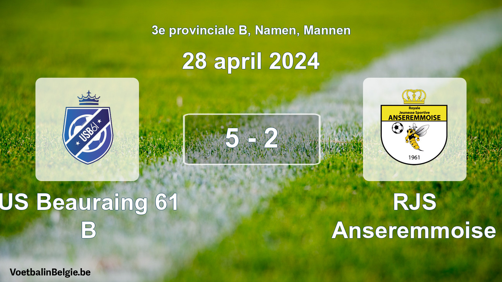 Gespeelde wedstrijd mannenvoetbal: US Beauraing 61 B - RJS Anseremmoise 5 - 2 (28 april 2024)
