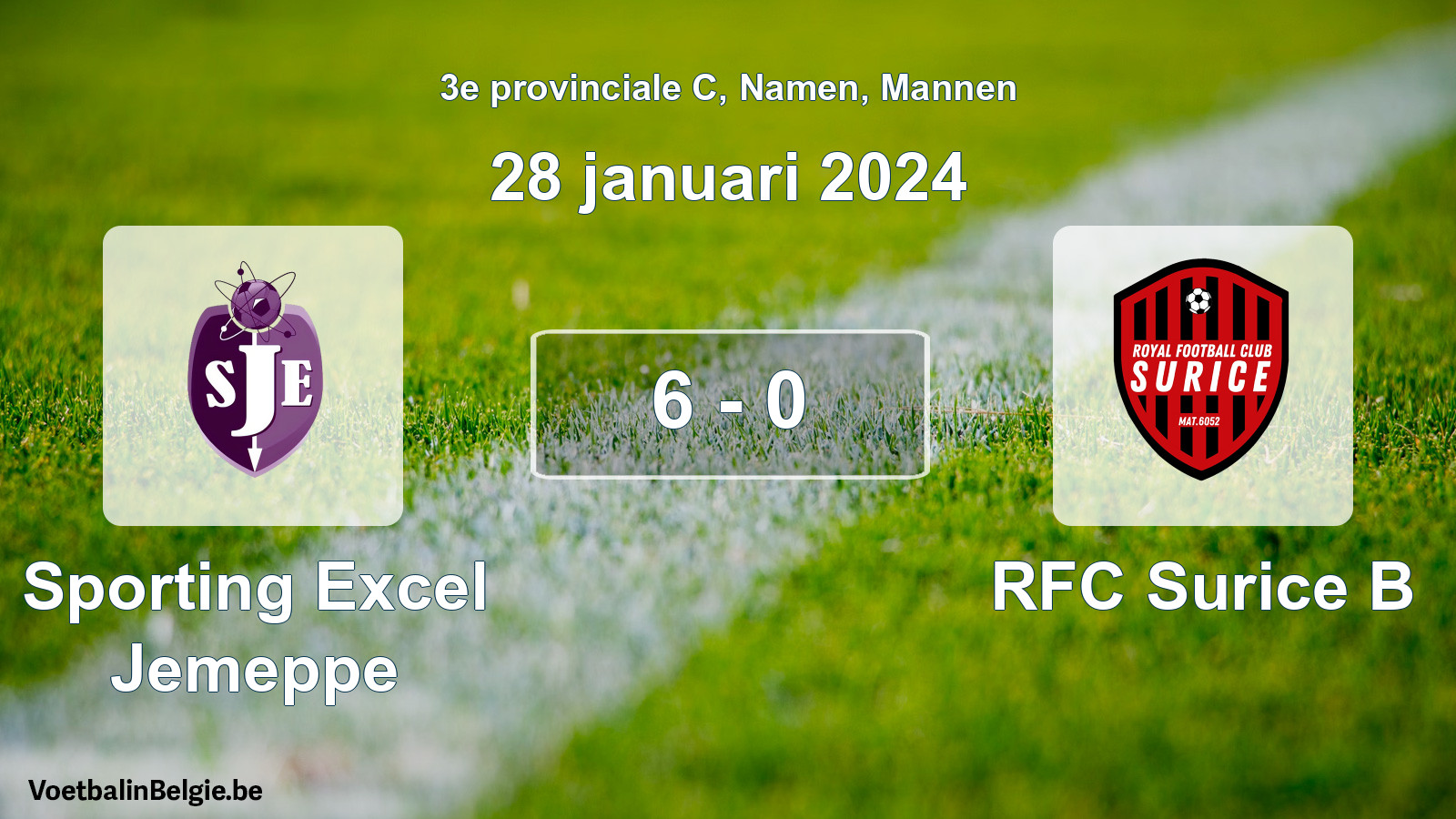 Gespeelde wedstrijd mannenvoetbal: Sporting Excel Jemeppe - RFC Surice B 6 - 0 (28 januari 2024)
