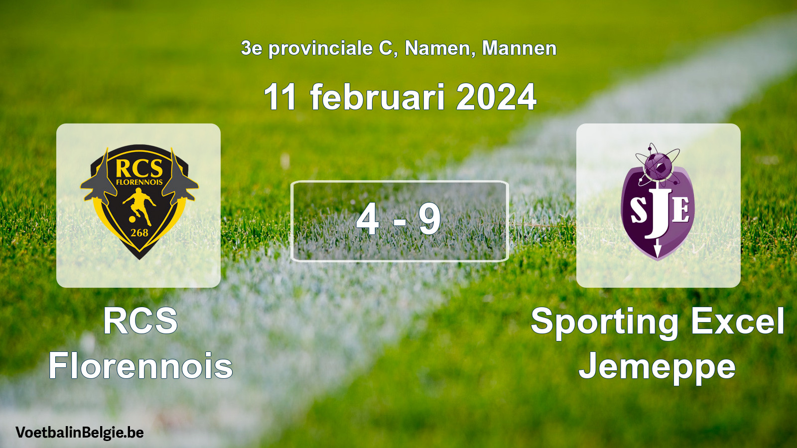 Gespeelde wedstrijd mannenvoetbal: RCS Florennois - Sporting Excel Jemeppe 4 - 9 (11 februari 2024)