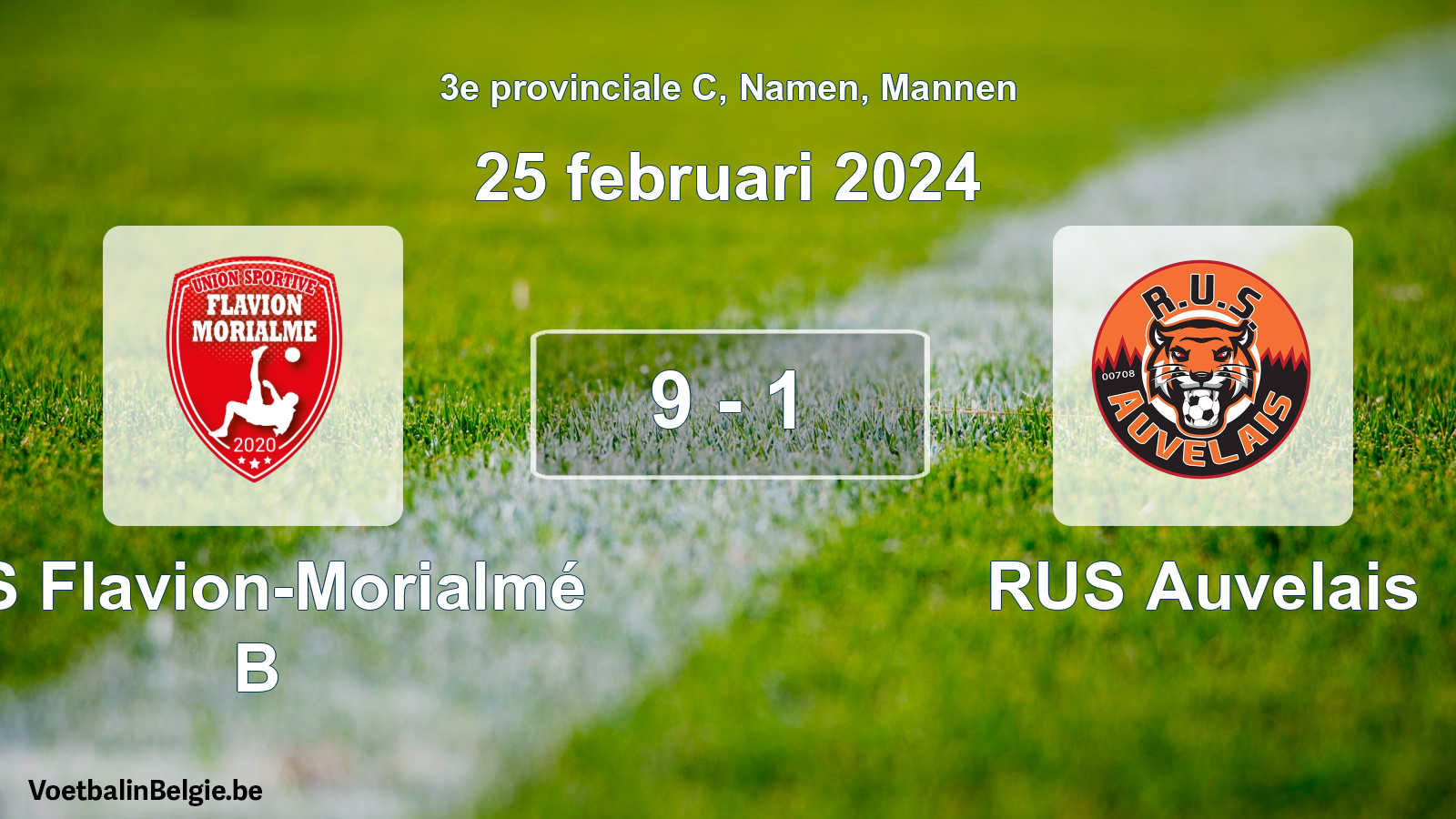Gespeelde wedstrijd mannenvoetbal: US Flavion-Morialmé B - RUS Auvelais 9 - 1 (25 februari 2024)