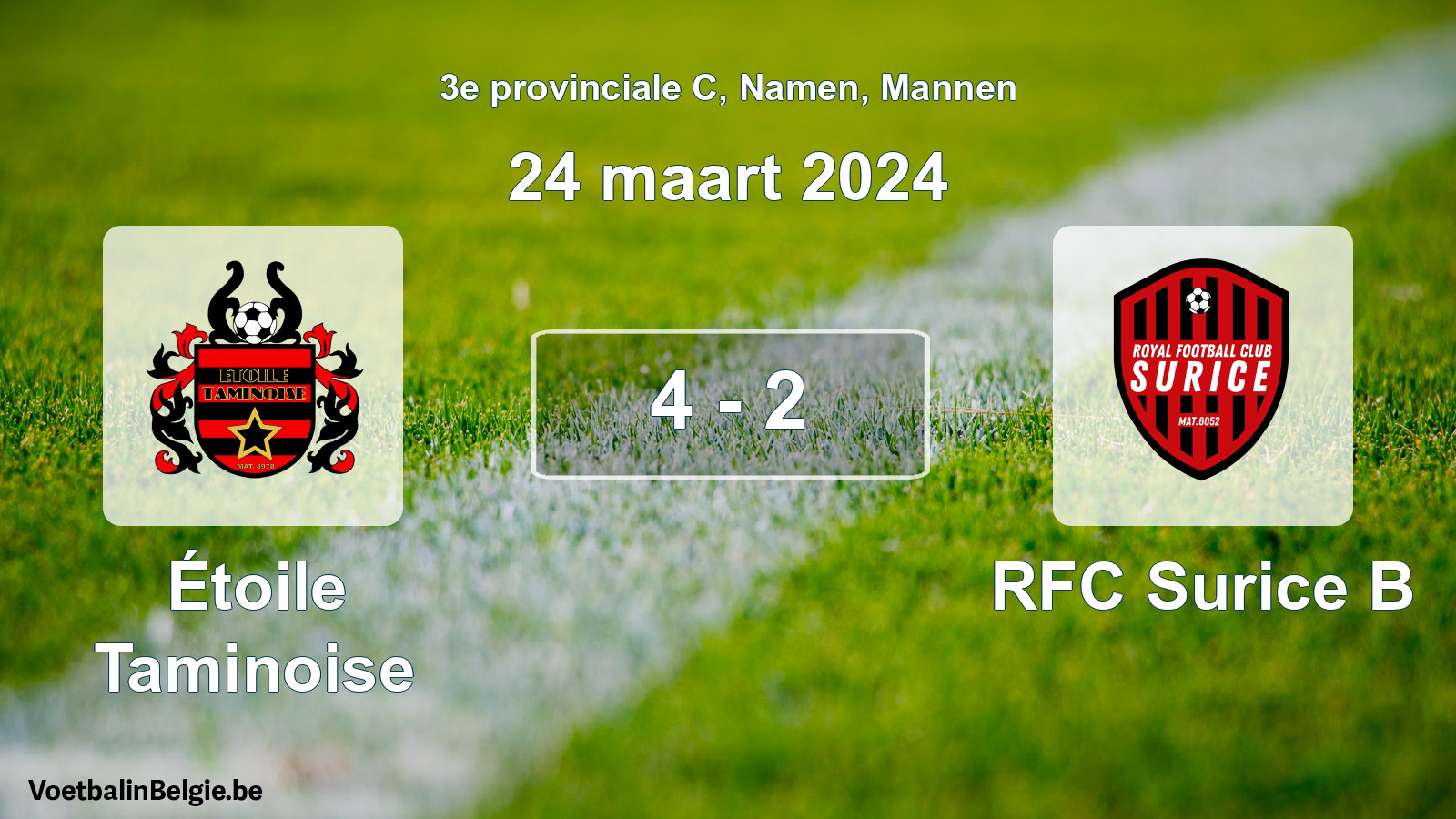 Gespeelde wedstrijd mannenvoetbal: Étoile Taminoise - RFC Surice B 4 - 2 (24 maart 2024)