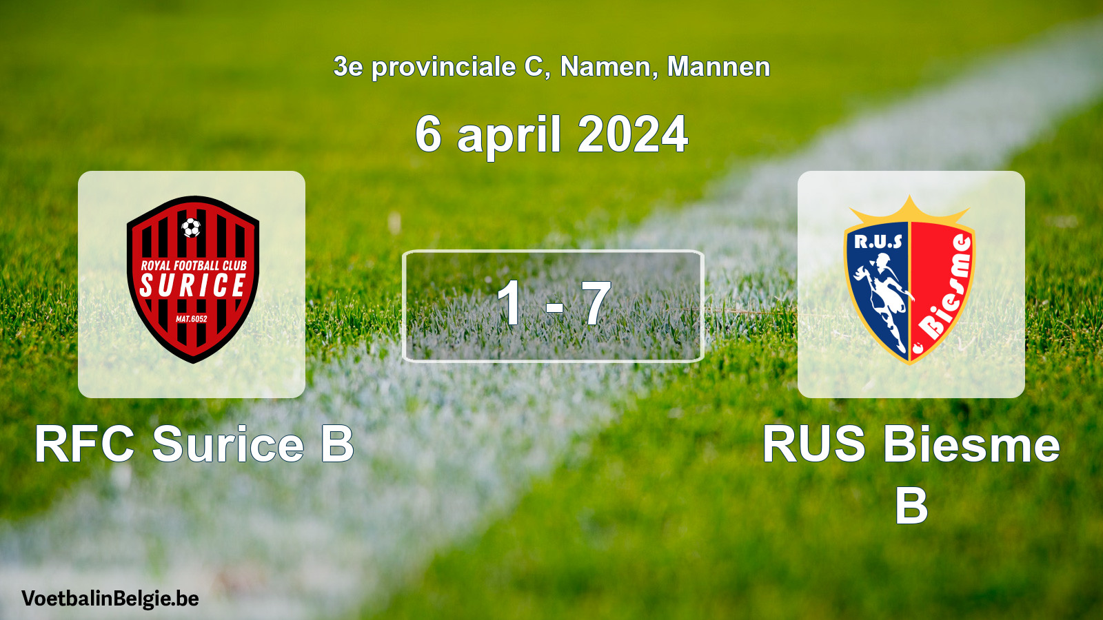 Gespeelde wedstrijd mannenvoetbal: RFC Surice B - RUS Biesme B 1 - 7 (6 april 2024)