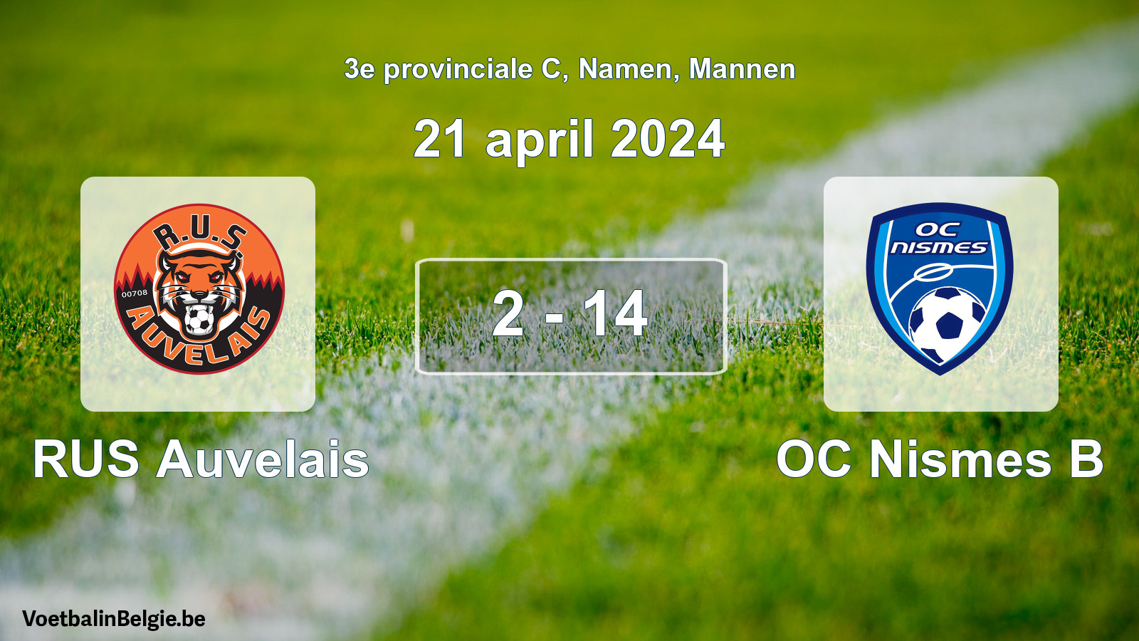 Gespeelde wedstrijd mannenvoetbal: RUS Auvelais - OC Nismes B 2 - 14 (21 april 2024)