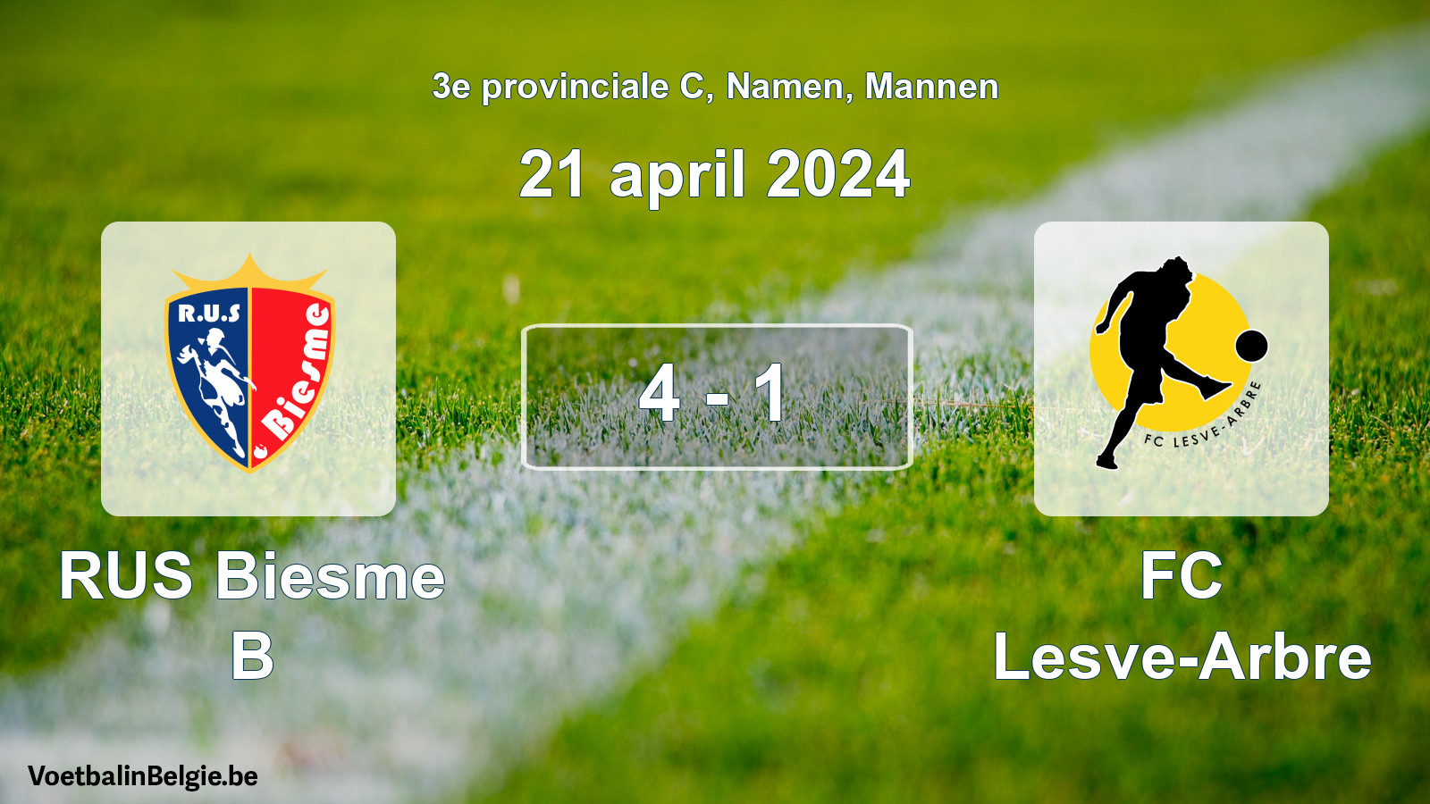 Gespeelde wedstrijd mannenvoetbal: RUS Biesme B - FC Lesve-Arbre 4 - 1 (21 april 2024)