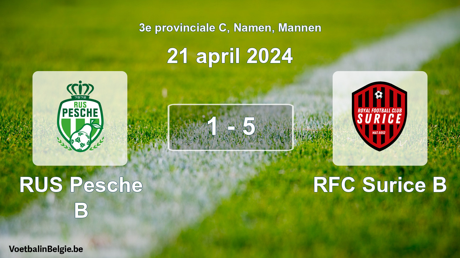 Gespeelde wedstrijd mannenvoetbal: RUS Pesche B - RFC Surice B 1 - 5 (21 april 2024)