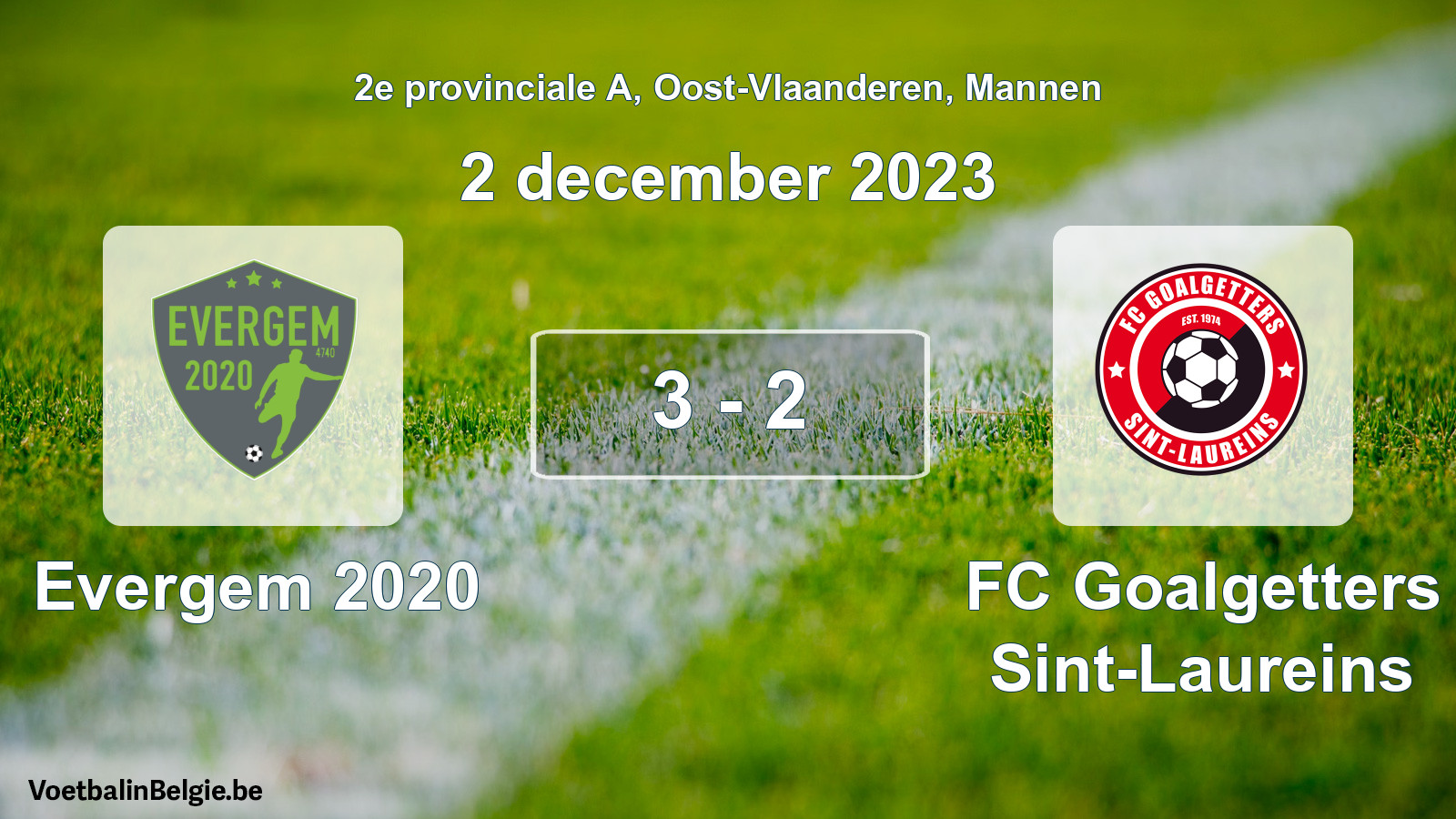 Gespeelde wedstrijd mannenvoetbal: Evergem 2020 - FC Goalgetters Sint-Laureins 3 - 2 (2 december 2023)
