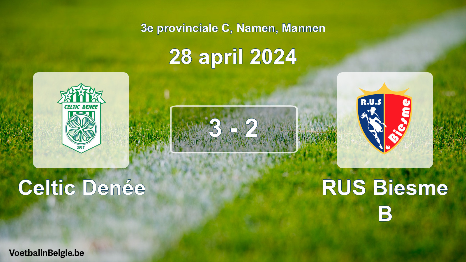 Gespeelde wedstrijd mannenvoetbal: Celtic Denée - RUS Biesme B 3 - 2 (28 april 2024)