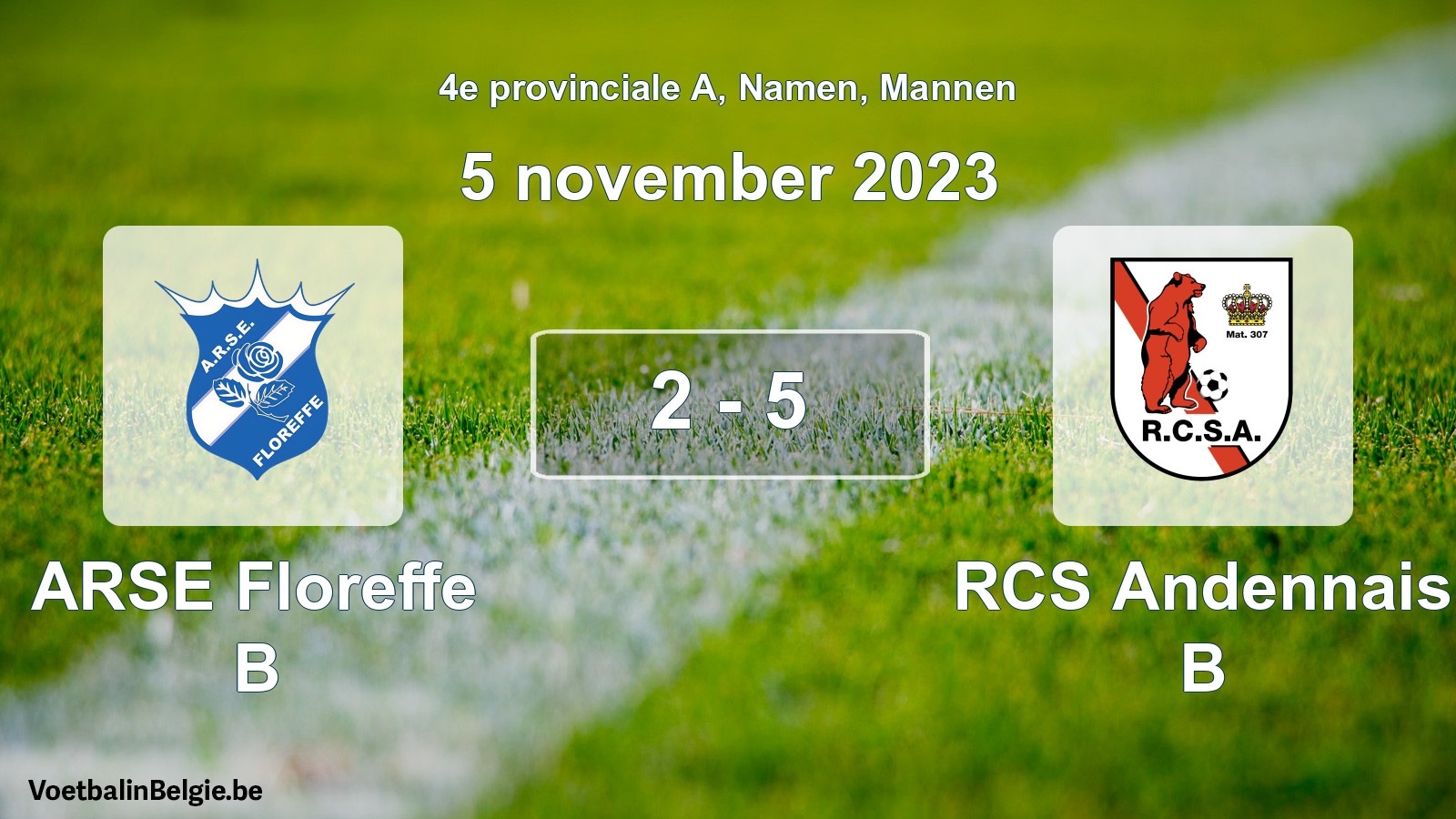 Gespeelde wedstrijd mannenvoetbal: ARSE Floreffe B - RCS Andennais B 2 - 5 (5 november 2023)
