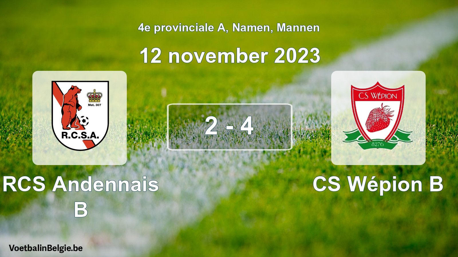 Gespeelde wedstrijd mannenvoetbal: RCS Andennais B - CS Wépion B 2 - 4 (12 november 2023)