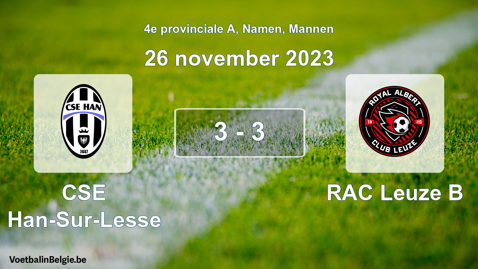 Gespeelde wedstrijd mannenvoetbal: CSE Han-Sur-Lesse - RAC Leuze B 3 - 3 (26 november 2023)