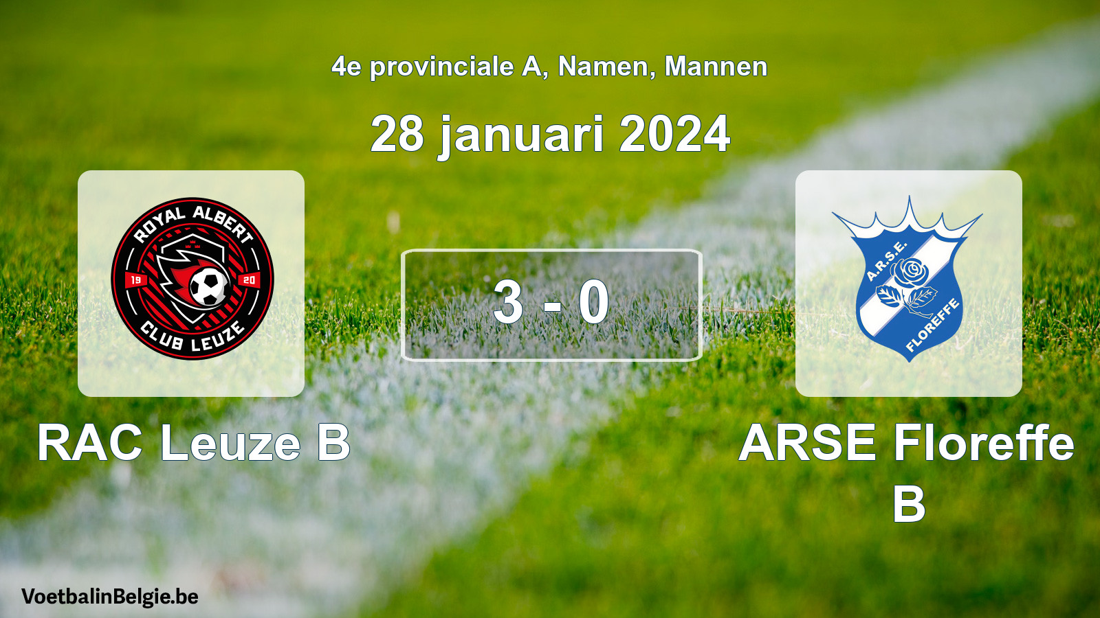 Gespeelde wedstrijd mannenvoetbal: RAC Leuze B - ARSE Floreffe B 3 - 0 (28 januari 2024)