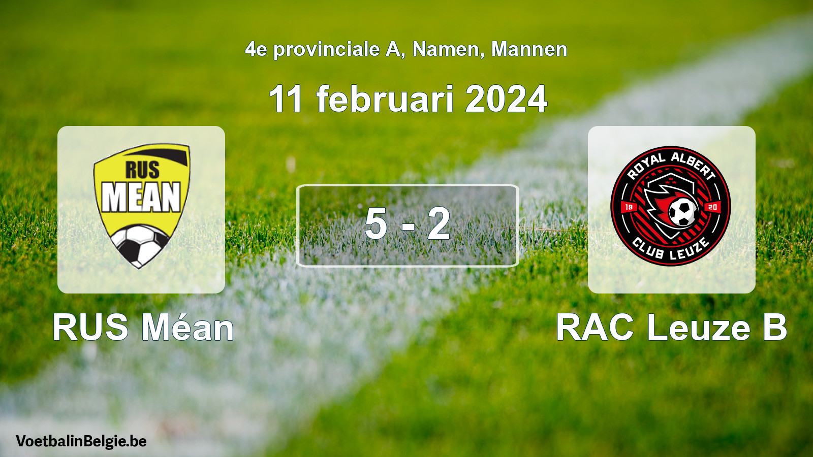 Gespeelde wedstrijd mannenvoetbal: RUS Méan - RAC Leuze B 5 - 2 (11 februari 2024)