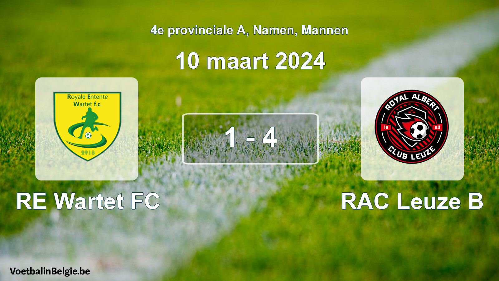 Gespeelde wedstrijd mannenvoetbal: RE Wartet FC - RAC Leuze B 1 - 4 (10 maart 2024)