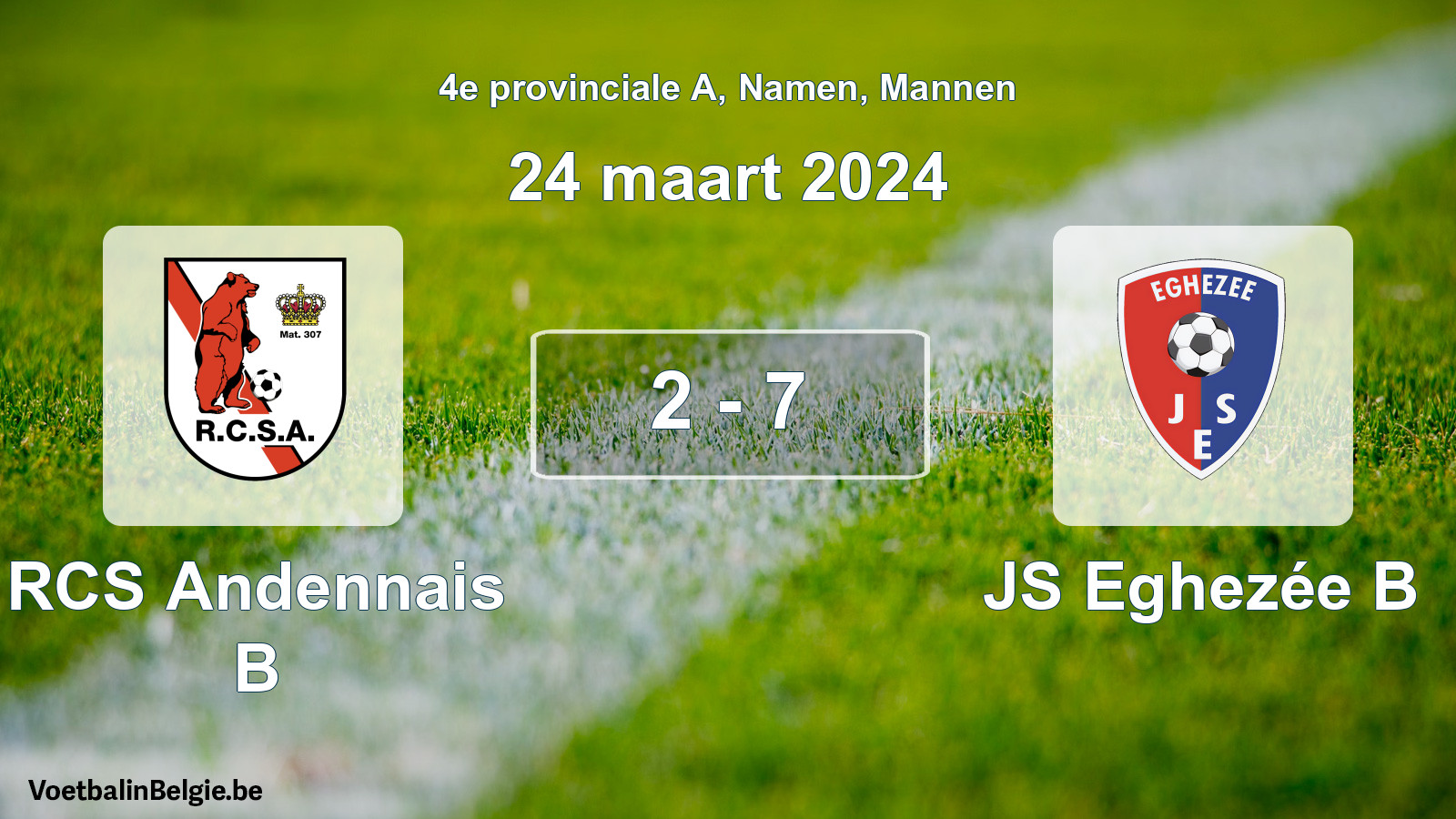 Gespeelde wedstrijd mannenvoetbal: RCS Andennais B - JS Eghezée B 2 - 7 (24 maart 2024)