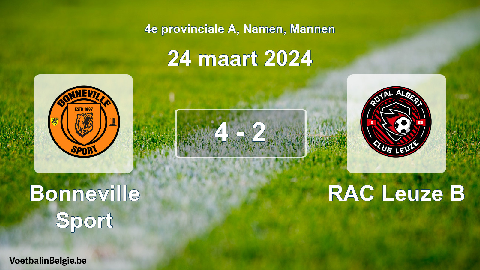 Gespeelde wedstrijd mannenvoetbal: Bonneville Sport - RAC Leuze B 4 - 2 (24 maart 2024)