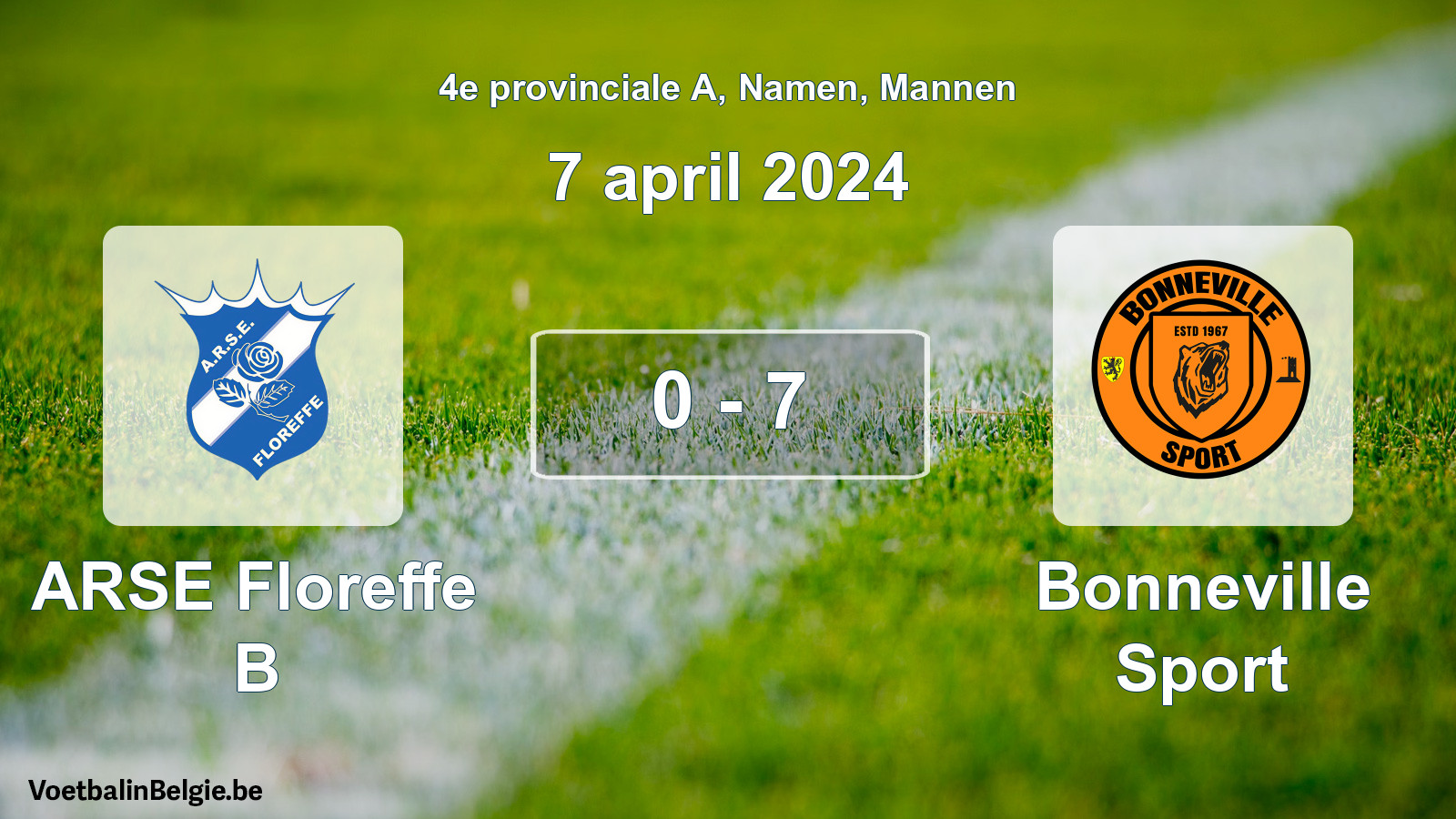 Gespeelde wedstrijd mannenvoetbal: ARSE Floreffe B - Bonneville Sport 0 - 7 (7 april 2024)