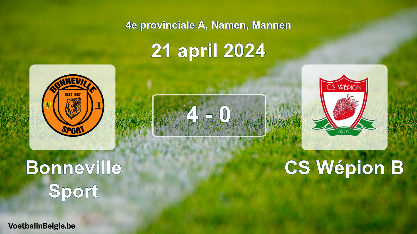 Gespeelde wedstrijd mannenvoetbal: Bonneville Sport - CS Wépion B 4 - 0 (21 april 2024)