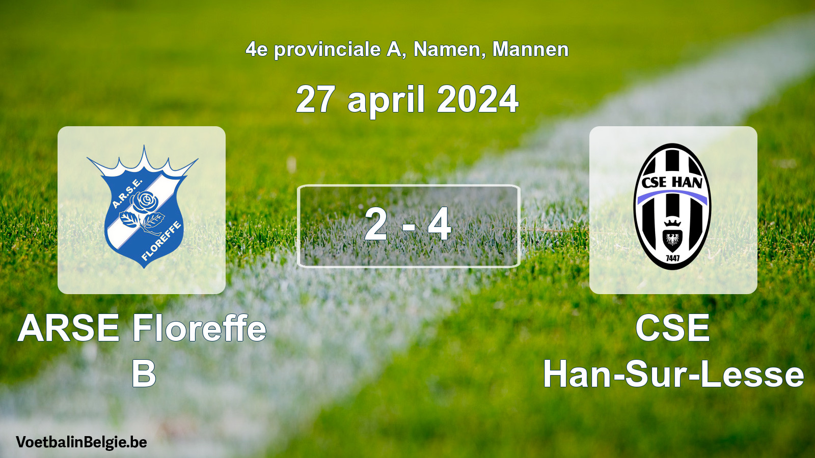 Gespeelde wedstrijd mannenvoetbal: ARSE Floreffe B - CSE Han-Sur-Lesse 2 - 4 (27 april 2024)