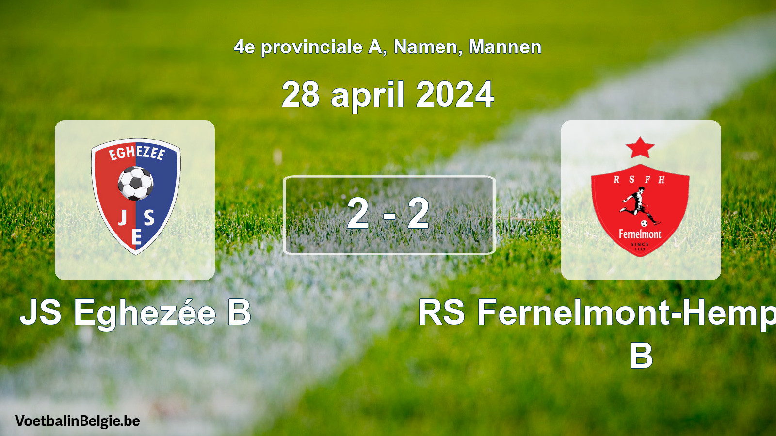 Gespeelde wedstrijd mannenvoetbal: JS Eghezée B - RS Fernelmont-Hemptinne B 2 - 2 (28 april 2024)