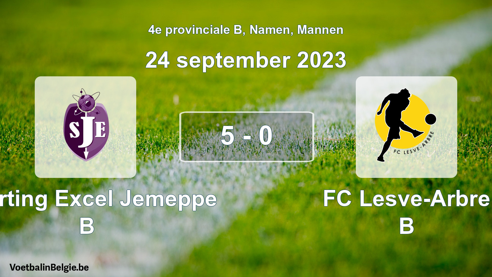 Gespeelde wedstrijd mannenvoetbal: Sporting Excel Jemeppe B - FC Lesve-Arbre B 5 - 0 (24 september 2023)