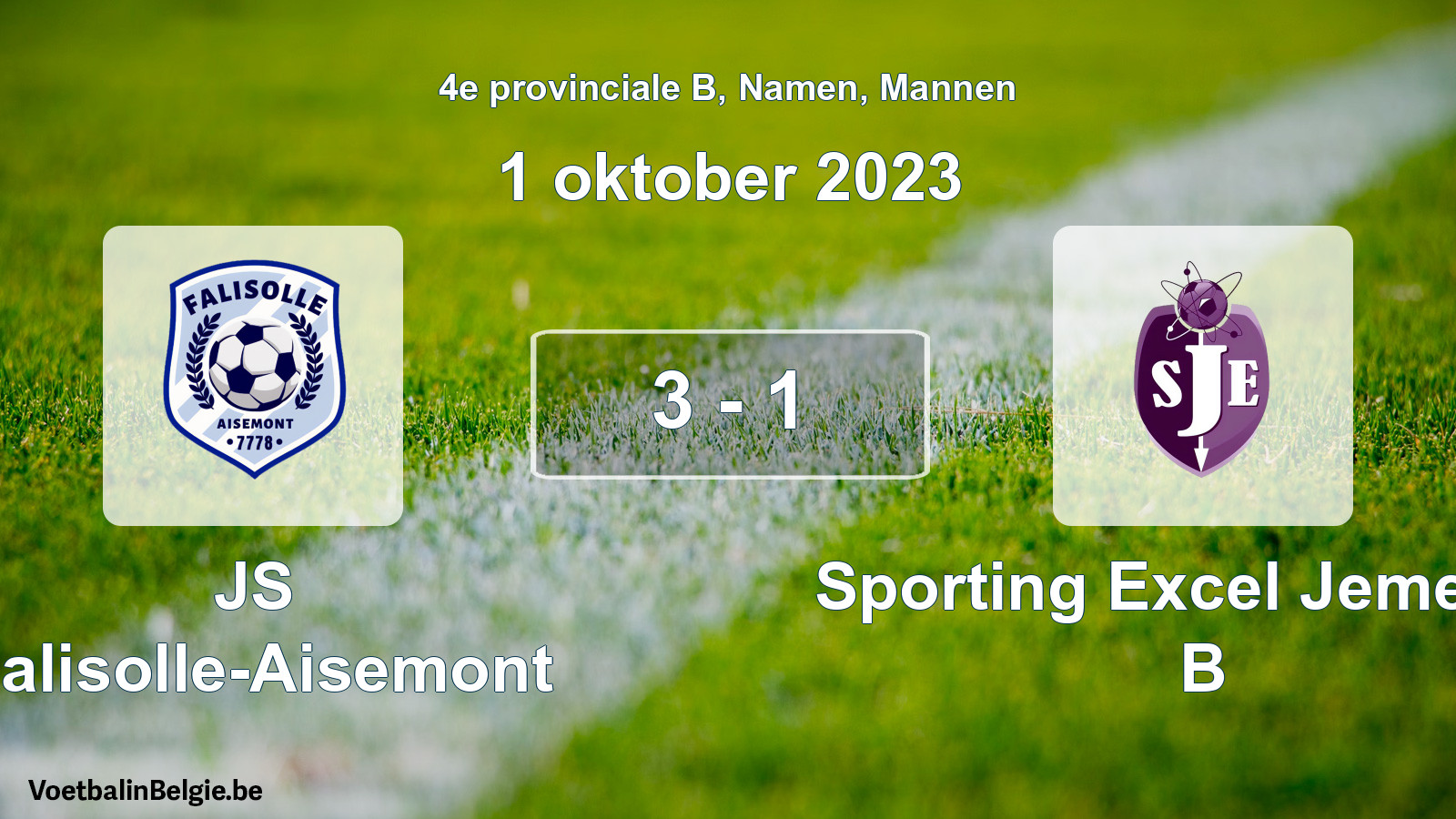 Gespeelde wedstrijd mannenvoetbal: JS Falisolle-Aisemont - Sporting Excel Jemeppe B 3 - 1 (1 oktober 2023)