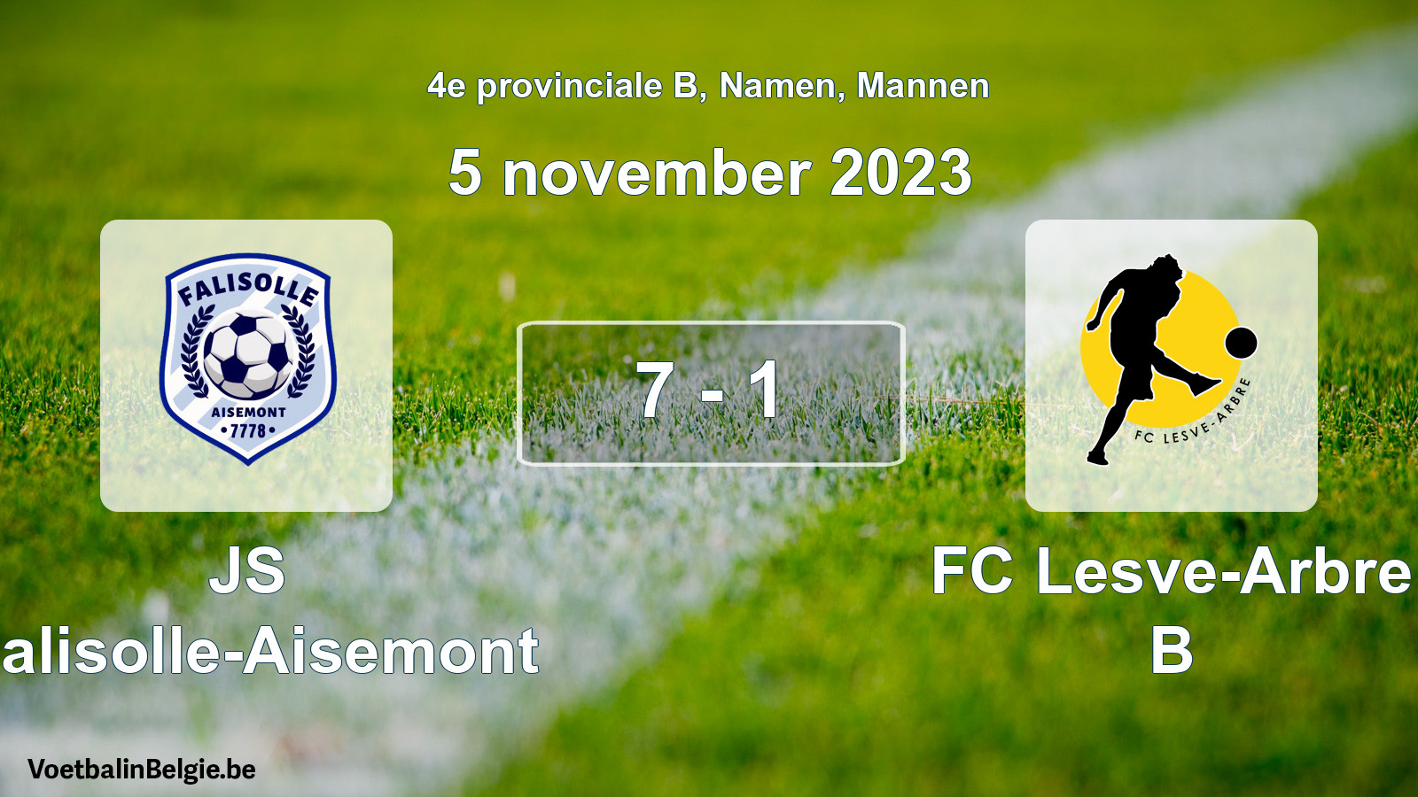 Gespeelde wedstrijd mannenvoetbal: JS Falisolle-Aisemont - FC Lesve-Arbre B 7 - 1 (5 november 2023)