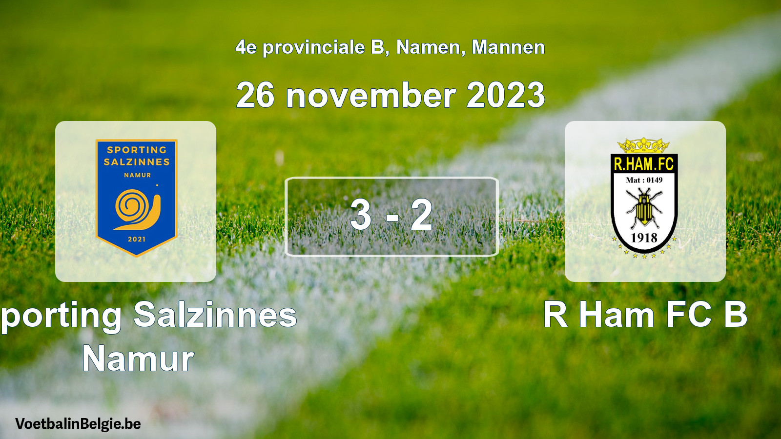 Gespeelde wedstrijd mannenvoetbal: Sporting Salzinnes Namur - R Ham FC B 3 - 2 (26 november 2023)