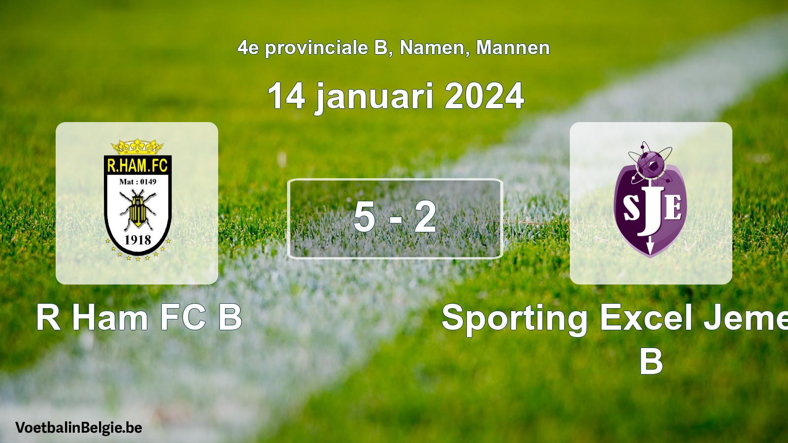 Gespeelde wedstrijd mannenvoetbal: R Ham FC B - Sporting Excel Jemeppe B 5 - 2 (14 januari 2024)