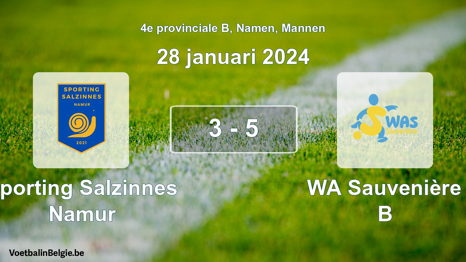Gespeelde wedstrijd mannenvoetbal: Sporting Salzinnes Namur - WA Sauvenière B 3 - 5 (28 januari 2024)