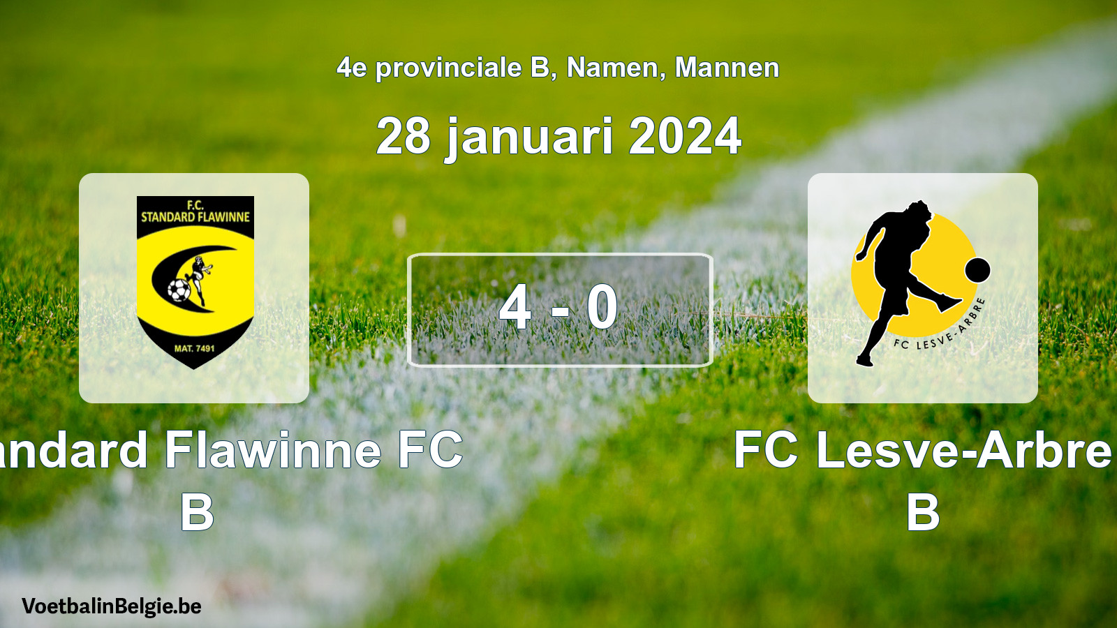 Gespeelde wedstrijd mannenvoetbal: Standard Flawinne FC B - FC Lesve-Arbre B 4 - 0 (28 januari 2024)