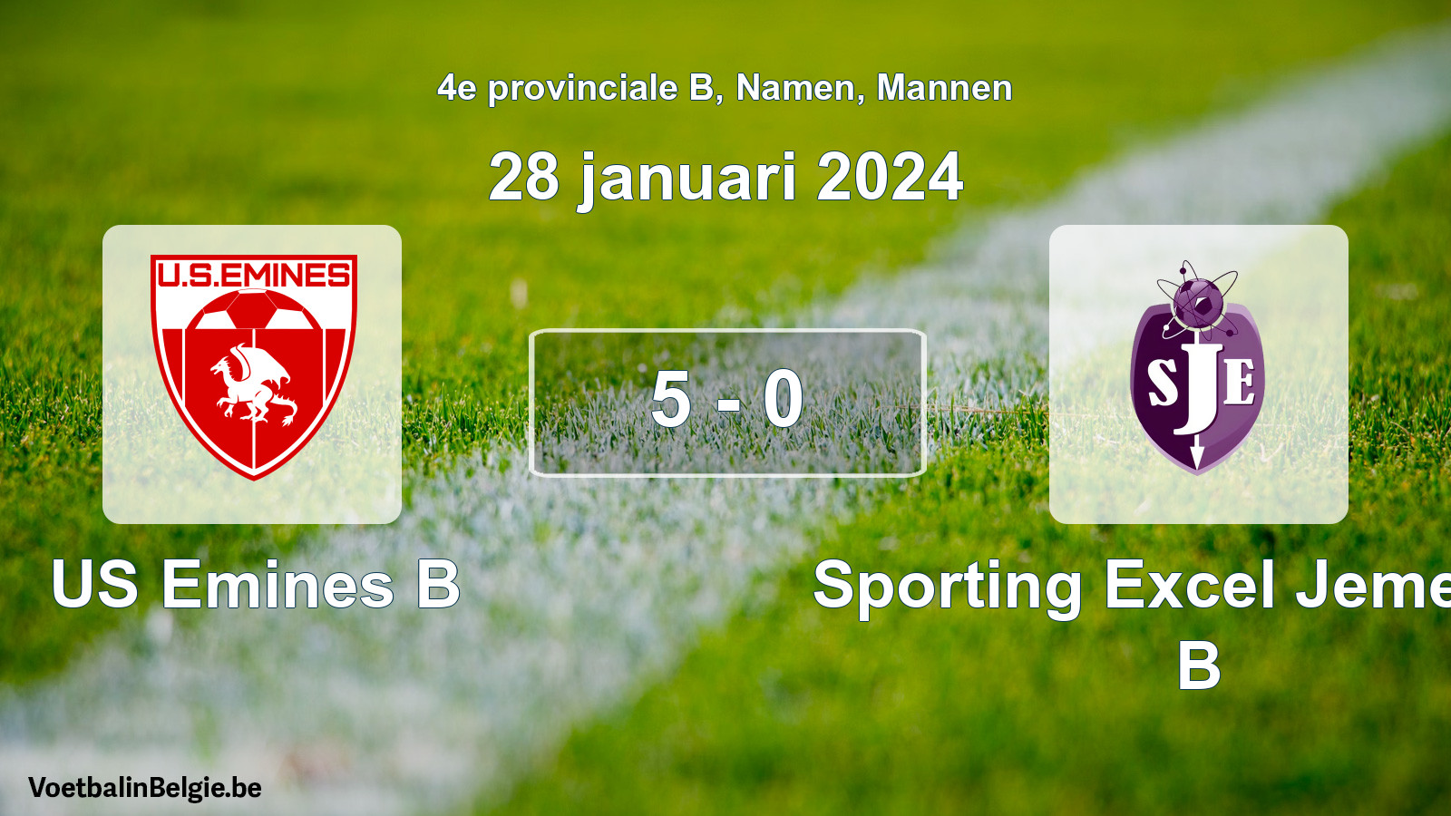 Gespeelde wedstrijd mannenvoetbal: US Emines B - Sporting Excel Jemeppe B 5 - 0 (28 januari 2024)
